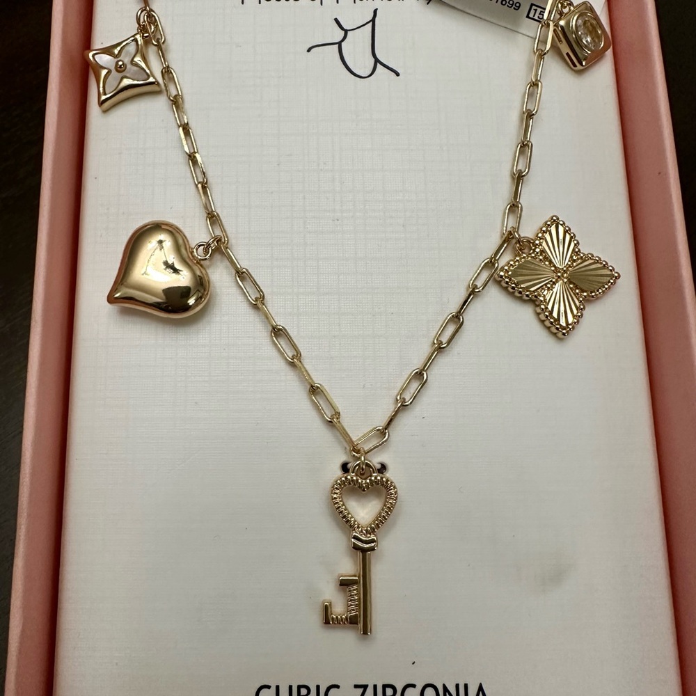 Gold Charm Necklace with Cubic Zirconia